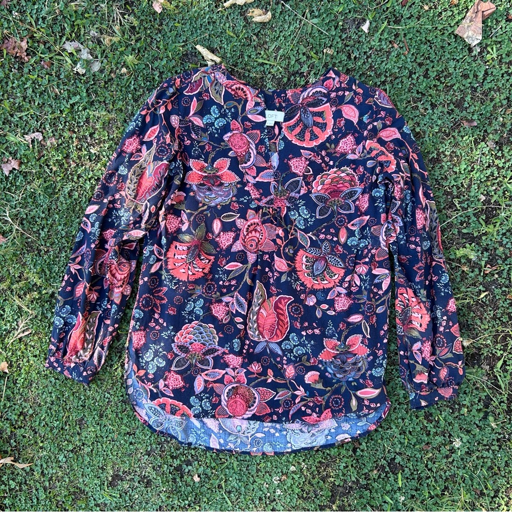 Loft Floral Paisley Navy Coral Long Sleeve Peasant Blouse